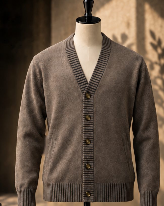 Braune Herren-Strickjacke mit V-Ausschnitt und Knöpfen