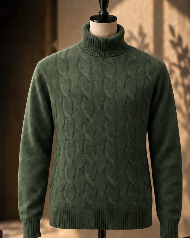 Grüner Rollkragenpullover mit Zopfmuster auf einer Büste