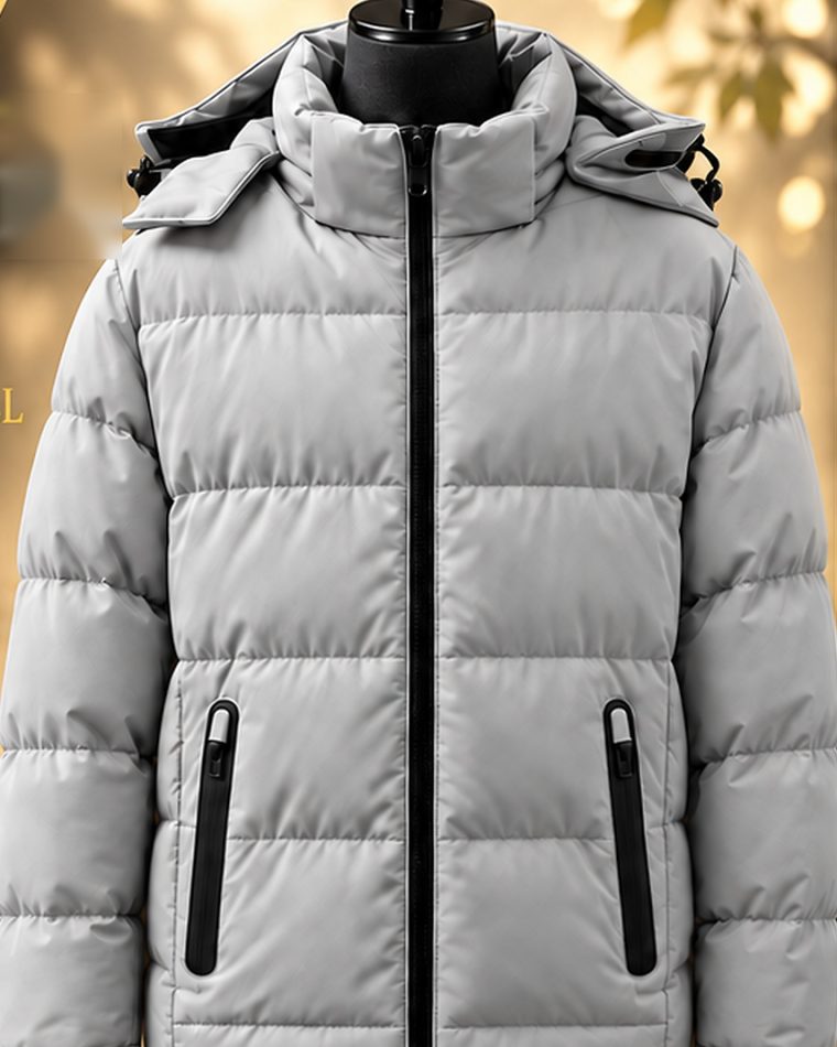 Hellgraue Herren-Steppjacke mit Kapuze